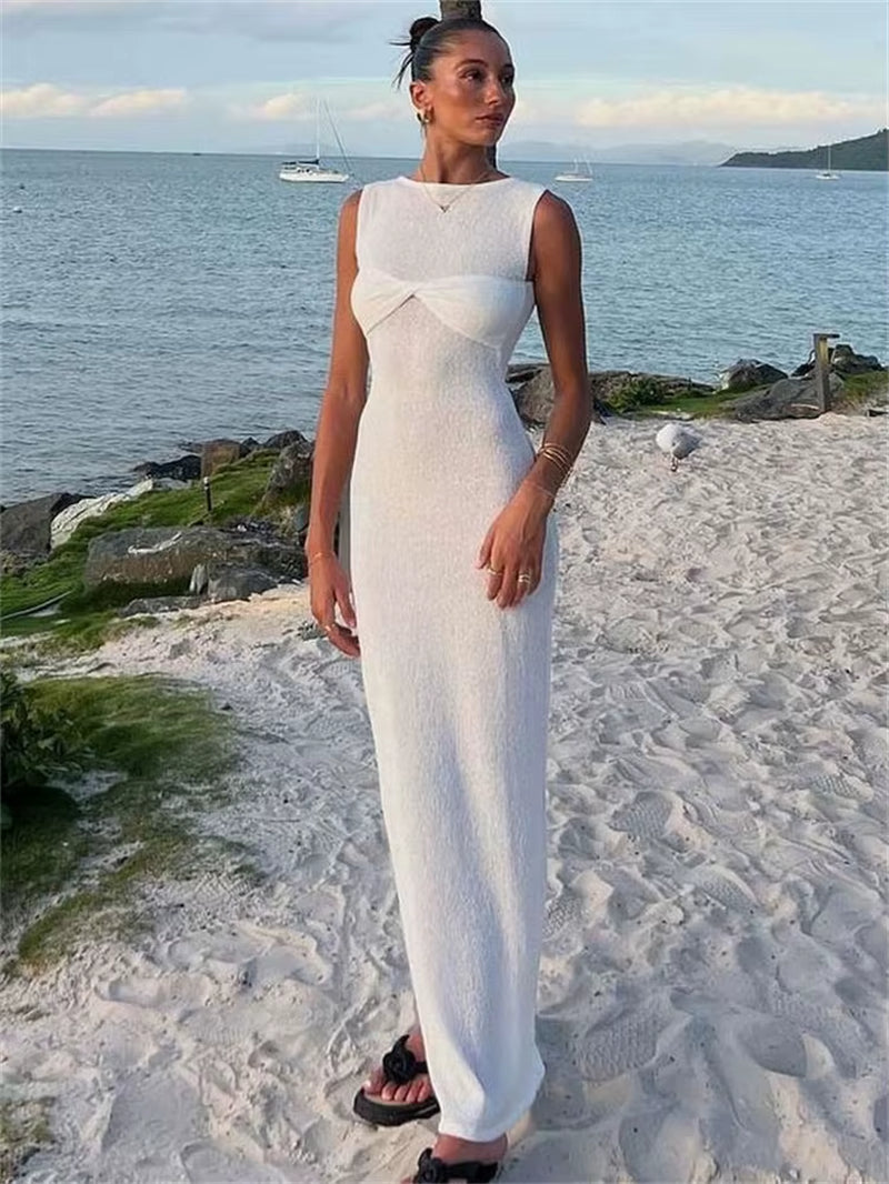Summer Beach Knit Maxi Dress for Women Cover-Up Pink Sleeveless Twist Sundress Knitwear See-Through Maxi Bodycon Dress New
